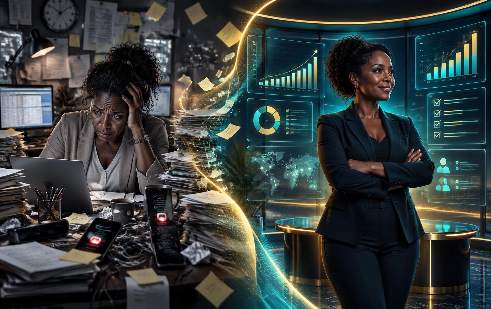A stressed business owner buried in paperwork transforms into a confident leader running her business from the AI Capital Business OS command center